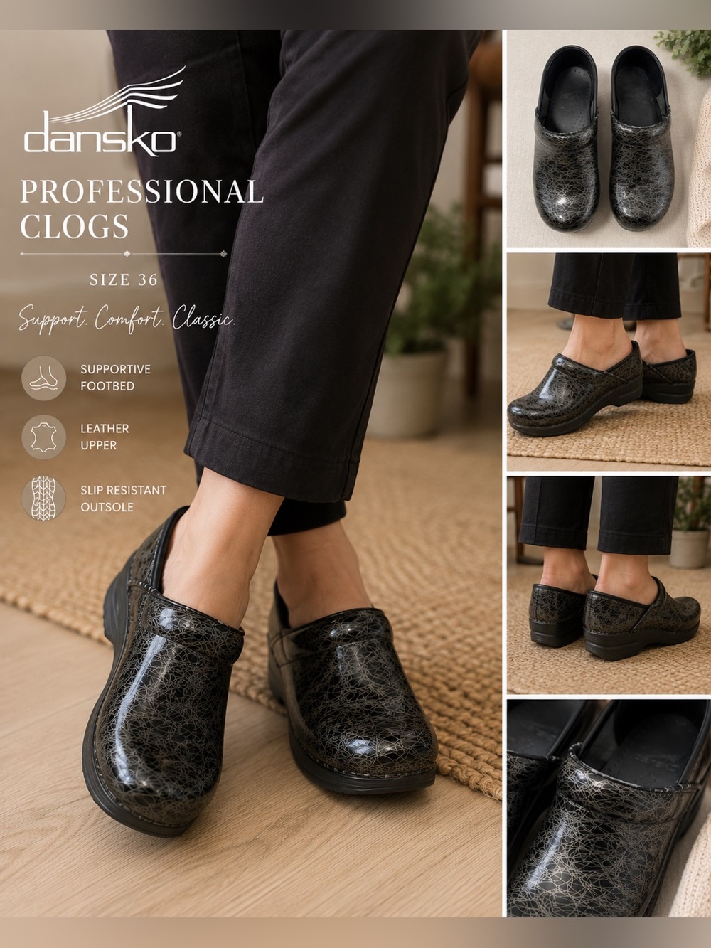 Dansko Size 36 Black Crackle Patent Leather Professional Clogs Slip On